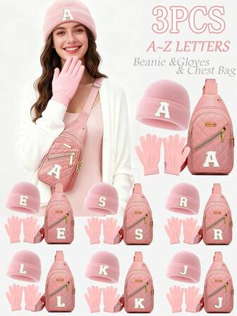 3件套成人生日/节日礼品套装：26字母装饰针织帽+针织露指手套+大容量字母印花斜挎包，时尚秋冬保暖套装，适合日常、户外、休闲、旅行，女士冬季服装，情人节礼物