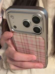 Cute Pink-Brown Plaid Electroplated Phone Case, Compatible With IPhone 17 Pro Max, 17 Pro, 17 Air, 17, 16, 15, 13, 14 Pro Max, Lovely Gift For Girls, Soft Back Cover - Pink - View 2