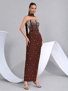 Beaded Decor Strapless High Slit Bandage Bridesmaid Dress, Holiday Party Bandage Dress - Coffee Brown - View 4