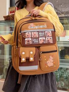 1个可爱水鼠图案撞色背包，适合青少年。大容量活力学生背包，多口袋设计。时尚背包。实用手提包。个性化轻便背包 - 棕色 - 查看 12