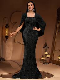 Neue modische hochwertige elegante Luxus Pailletten, Pailletten, Spitze Patchwork Chiffon Schal Ärmel Frauen Graziöses Abendkleid für formelle Anlässe, Hochzeit, Bankett