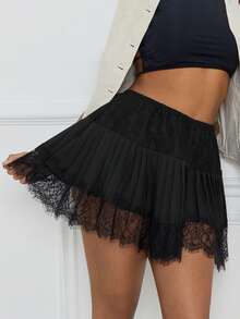 Women's Lace Mini Skirts Casual Low Rise Loose Fit Pleated A-Line Skirts Half Slip Skirt Lace Trim Fairy Mesh Flowy Short Skirts Underskirt Casual Summer Beach Vacation Clothes Outfit Streetwear - 黑色 - 查看 3