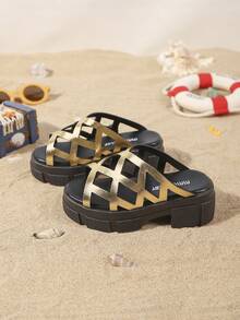 儿童时尚拖鞋，新款夏季加厚鞋底网眼镂空设计，时尚舒适透气儿童高跟拖鞋 - 金色 - 查看 3