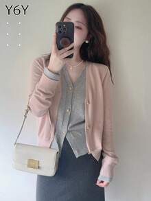 Y6Y 新款韩版春季粉色二合一女士针织开衫毛衣 - 粉色 - 查看 5