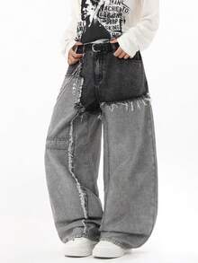 Justice Brother 1pc American Style Patchwork Men's Black Denim Jeans, All-Season Versatile Casual Comfortable Loose Wide Leg Long Pants (Belt/Accessories Not Included) - Black - View 7