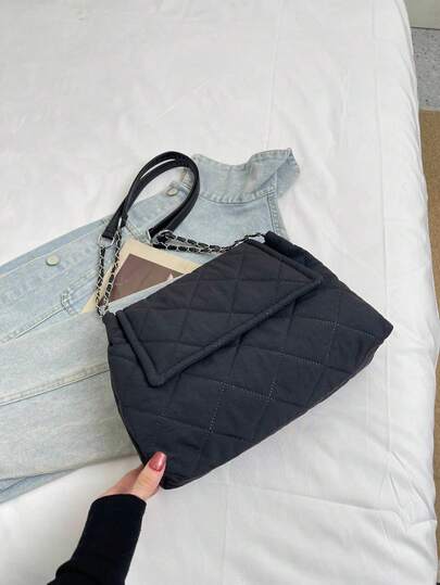 2025秋冬新款高端小众菱形链条单肩托特包，时尚通勤女式腋下包