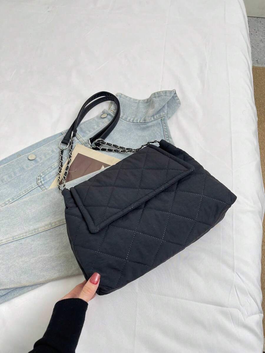 2025秋冬新款高端小众菱形链条单肩托特包，时尚通勤女式腋下包 - 黑色 - 查看 1