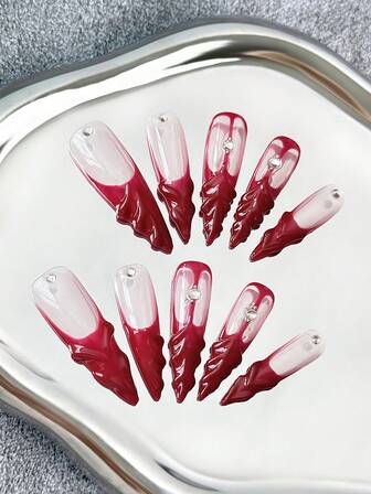 45MM Extra Long Stiletto Nails Handmade Press-On Nails With Multicolor Rhinestones, Hand-Painted Floral Carvings & Creative 3D Art Designs - Full Cover Artificial DIY Glitter Press-On Nails, False Nails For Parties, Outdoor, Beach, Daily, Holidays, Gatherings, Work & Special Events - 10 Pieces/Bag