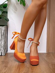 时尚珍珠蝴蝶结新娘鞋、伴娘鞋，橙色超柔软缎面防水厚底圆头高跟鞋，女士款 - 橘色 - 查看 5