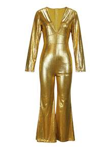 1pc Women's Solid Color Knitted Backless Zipper Jumpsuit, Suitable For Stage And Concert, Autumn/Winter - Gold - View 8