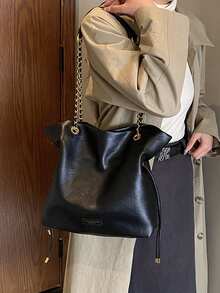 1 pièce Sac fourre-tout/seau en PU noir, avec anse en chaîne métallique, grande capacité, sac à main/épaule, style vintage élégant, convient pour le travail, les sorties, les achats décontractés et autres occasions, toutes saisons, idéal pour les femmes urbaines à la recherche de qualité et de mode - Noir - Voir 5