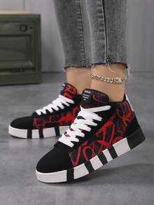Women's New Random Red & Black Letter Graffiti Design Rubber Sole High-Top Flat Sneakers, Comfortable Daily Casual Street Style Versatile Outdoor Sports Couple Shoes - black red - View 2