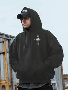Sudadera Casual de Otoño Invierno para Hombre - Impresión de Brújula del Universo Geométrico Verde Oscuro, Sudadera Holgada, Diseño de Cordón, Cuidado de Lavado a Mano, Moda de , Costura de Alta Calidad, Estilo Urbano, Esencial de Otoño - Negro - Ver 8