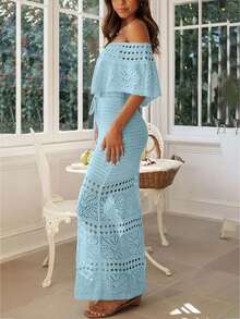 2026夏季新款女士优雅纯色系带露肩镂空针织长裙，蓝色，适合度假、春季、音乐节、毕业典礼、街头风等各种场合，优雅海滩度假皆宜。 - 藍色 - 查看 4