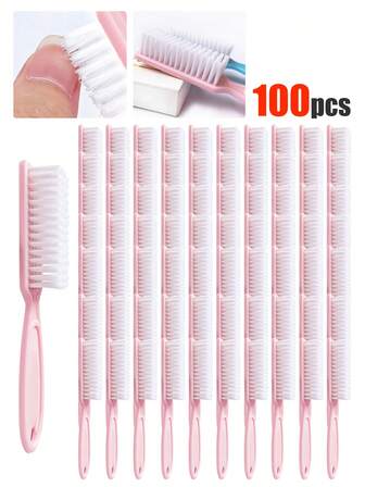 100 piezas Cepillo de uñas con mango 90/80/70/60/50/40/30/20/10/1, limpiador de manos y uñas, herramientas de manicura, kit de cepillos de limpieza, para limpiar los dedos de los pies y las uñas, cepillo de uñas de mango largo para limpieza, cepillado y herramienta multifuncional - Limpiador de uñas de mango largo color rosa