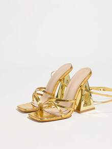 女士尖头穆勒鞋，透明高跟鞋，性感派对凉鞋，细高跟，锯齿鞋底，夏季必备 - 金色 - 查看 4