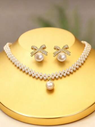 3pcs Elegant Faux Pearl Earrings & Necklace Set, Includes Bow Pearl Stud Earrings And Pearl Pendant Necklace, Suitable For Women On Any Occasion, Great Gift For Loved Ones