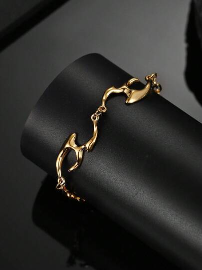 1pc Asymmetrical Stainless Steel Chain Bracelet, Hip Hop Style For Men