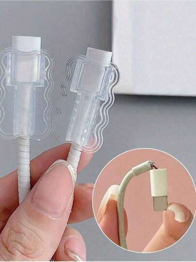 1/3/5 piezas Protector de cable compatible con cargador de /iPad con diseño de onda y lazo plateado, funda protectora de cable de datos de resina ABS: organizador de cables de alimentación de computadora, paquete de cables USB y Tipo-C transparente con onda, protege su cable contra roturas y desconexiones, y es adecuado para la protección de teléfonos móviles y cables de datos