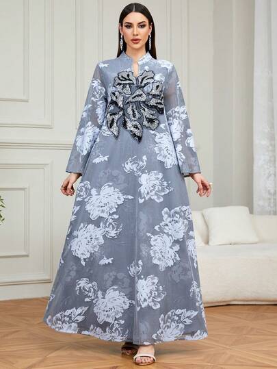 SISKAKIA Vestido de noche formal largo con mangas transparentes, de tela tejida con estampado floral de lujo y parches de lentejuelas