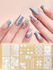 1/2/4 金色格子牛仔图案美甲印花板 圣诞格子不规则蕾丝星心美甲模板 学院风不锈钢模板 美甲工具 可重复使用 DIY 美甲用品 - 金色 - 查看 6