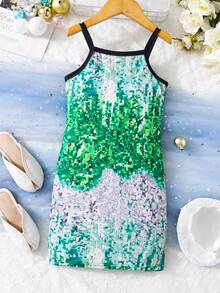 4-7 Years Old Girls' Summer Sleeveless Sequin Print Bodycon Dress, Soft Fabric, Party Style, Casual Everyday Wear, St. Patrick's Green - Green - View 7