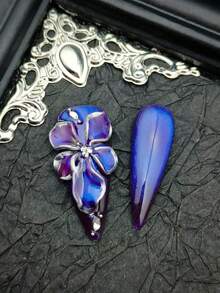 She Nails Acrylic Nail Art Set, Adorable Baroque Punk Rock Y2K Gothic Chrome Gold Nail Designs, Includes 10pcs Nail Stickers, Styles Include Midwest American And European French Glossy Metallic Cat Eye Black, Gold, Blue, Long Pointed Acrylic Handmade Press-On Nails. - Blue - View 7