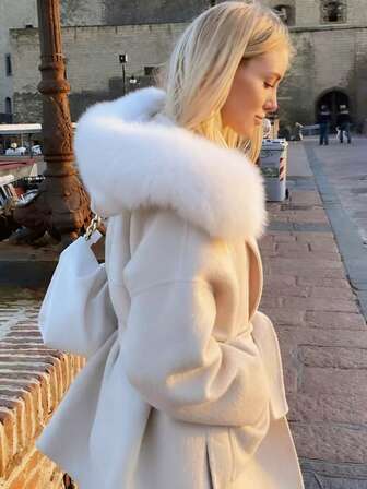 女士奢华羊毛大衣，超大狐狸毛领，收腰设计，奶油色，永恒优雅，适合冬季时尚