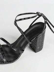 Giày sandal cao gót màu đen dành cho nữ, buộc dây dài đến bắp chân, mũi vuông, gót dày, thoải mái và thời trang, đa năng, thiết kế hở mũi giúp kéo dài đôi chân, màu hồng pastel thanh lịch, phù hợp với trang phục mùa xuân hè. - màu đen - Xem 8