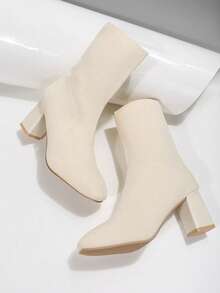 بوت كاحل مصنوعة من الأقمشة المحبوكة ذات لون واحد وأصابع مستديرة، بوت ذات كعب سميك عصرية للتنقل، بوت محبوكة مرنة للخريف والشتاء، بوت سهلة الارتداء للعطلات - بيج - مشاهدة 3