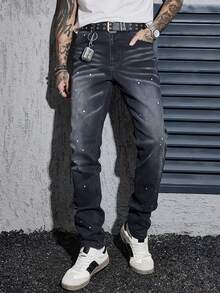 1 pieza Jeans ajustados y acampanados con estiramiento para hombres, de moda y versátiles para uso casual diario y ropa de calle - Negro - Ver 6