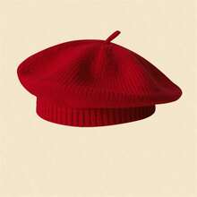 Vintage British Style Beret Hat For Women, Knit Wool Literary Painter Cap, All-Match Winter Warm Beanie, Streetwear Casual - 酒紅色 - 查看 6
