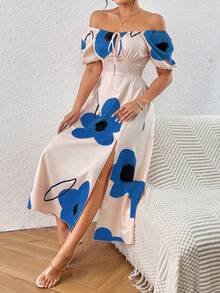 Vestidos Largos Casuales De Mujer Con Hombros Descubiertos, Estampado De Flores, Espalda Fruncida Y Abertura Alta,Vestido Con Estampado Floral, Hombros Descubiertos, Nudo En El Frente Y Abertura En El Muslo Para Mujer - Azul - Ver 7