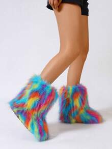 New Rainbow Fur Ankle Boots For Women 2025 Autumn/Winter New Sweet Cool Style Colorful Tie-Dye Faux Fur Warm Fashion Boots Women's Ankle Boots. Furry Boots. Winter BootsSuitable For Extremely Cold Weather. The First Choice For Skiing, Traveling, And Gatherings. - 彩蘭色 - 查看 3