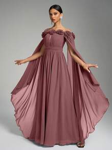 SUPGIR Asymmetric-Shoulder Poncho Dress With Oversized Sleeves, Pleated Bodice, Floral Decor, And Flared Skirt, Chiffon Fabric - Dusty Pink - View 5