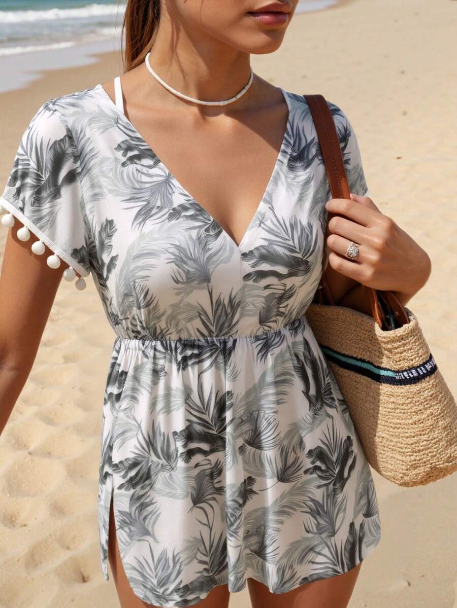 Swim Vcay Women's Tropical Plants Print Batwing Sleeve Cover Up Dress, For Holiday For Summer Beach Vacation - Black and White - View 1