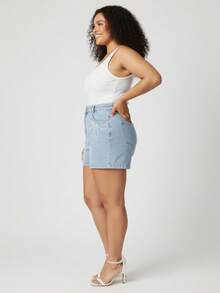 Plus Size Embroidered Denim Shorts With Hemmed Edges And High Waist - Fashion - 淺色水洗藍 - 查看 6