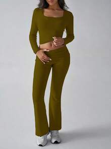 GAOVOT Women's Two Pieces Spring Summer Y2K Slim Sexy Solid Color Square Collar Long Sleeve Top And Slightly Flared Trousers Pant Suit - Olive Green - View 6