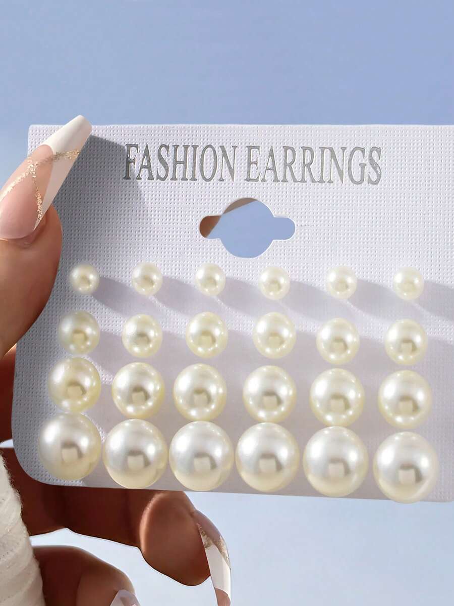 12 Pairs/Set Classic Minimalist Pearl Stud Earrings, Women's Jewelry, Summer Jewelry, Suitable For Daily Wear - Beige - View 1