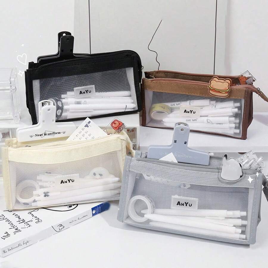 Geantă transparentă cu 5 straturi de plasă, husă pentru creion, husă de depozitare vizibilă cu buzunar, pentru papetărie școlară