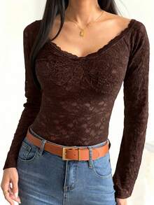 GAOVOT Women's Summer Y2K Sexy And Hot Girl See-Through One-Shoulder Long-Sleeved Lace Top Is Suitable For Valentine's Day Occasions - Dark Brown - View 6