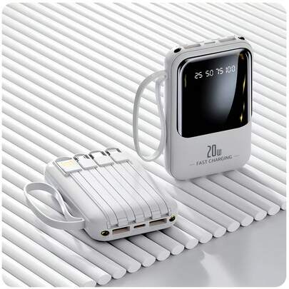 Mini Cargador Portátil Rápido de 20,000Mah 5V2A, Cargador de Teléfono Multifuncional de Alta Capacidad, Cable Desmontable 4 en 1, Luces LED Ultra Brillantes, Batería Esencial para Viajes, Pantalla Inteligente Digital, USB-C