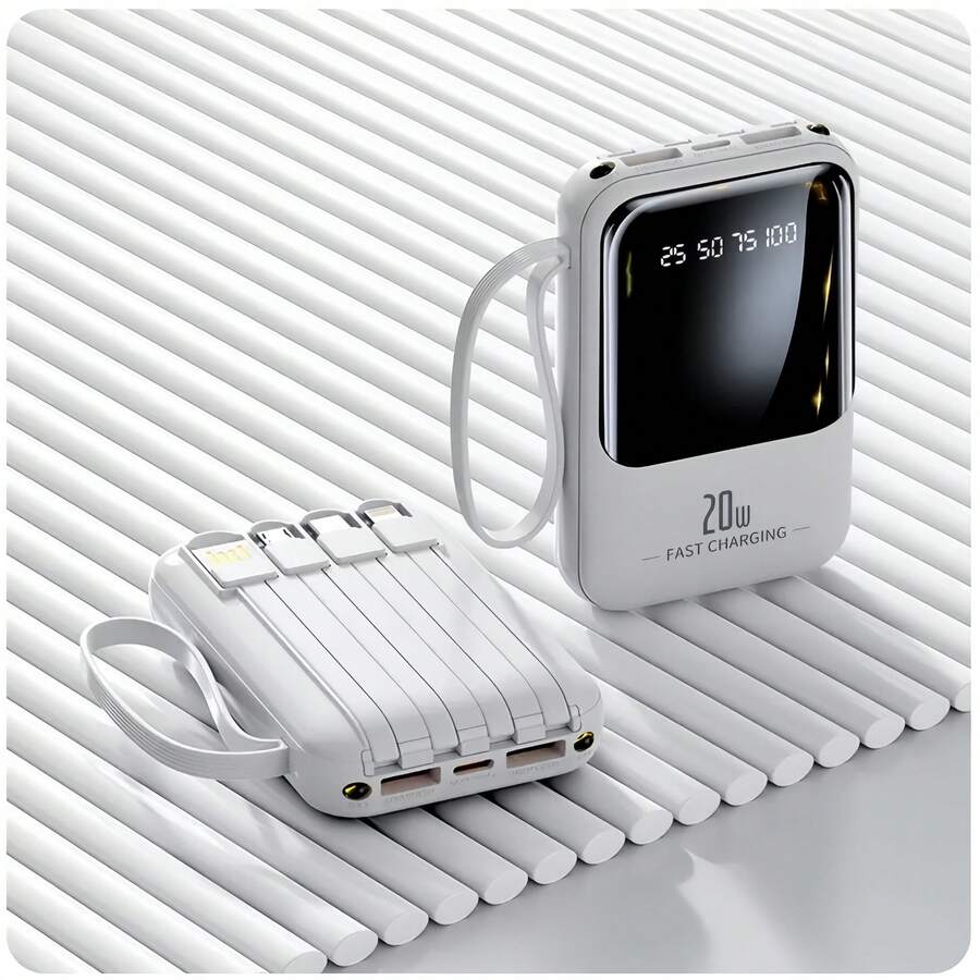20,000mAh 5V2A Mini Portable Fast Charger, High Capacity Multifunctional Phone Charger, 4-In-1 Detachable Cable, Ultra Bright LED Lights, Essential Travel Battery, Smart Digital Display, USB-C - White - View 1