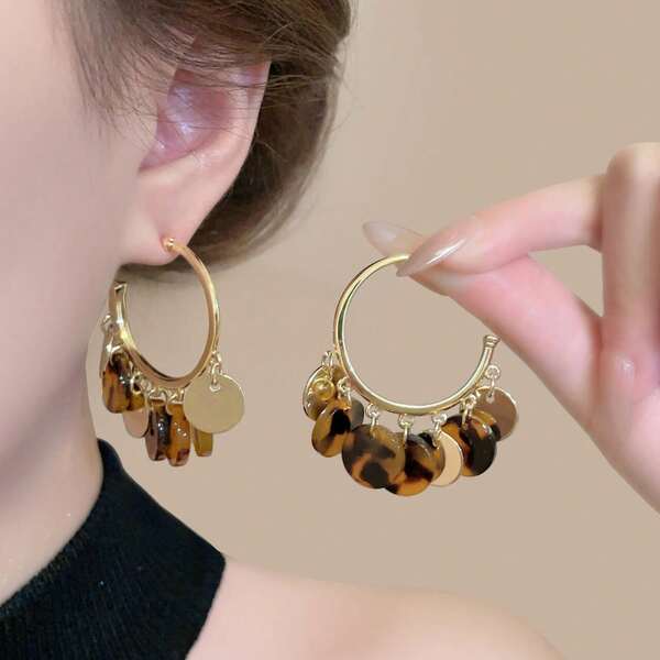 1 Pair Exaggerated Round Leopard Print Tassel C-Shape Earrings