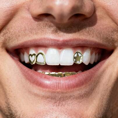 1 Set Hollow Heart Side Zirconia Combination Single Star Center Asymmetrical Thin Metal Slice Hip Hop Tooth Jewelry, Fashion Party Stage Props, Christmas & Valentine's Day Gift