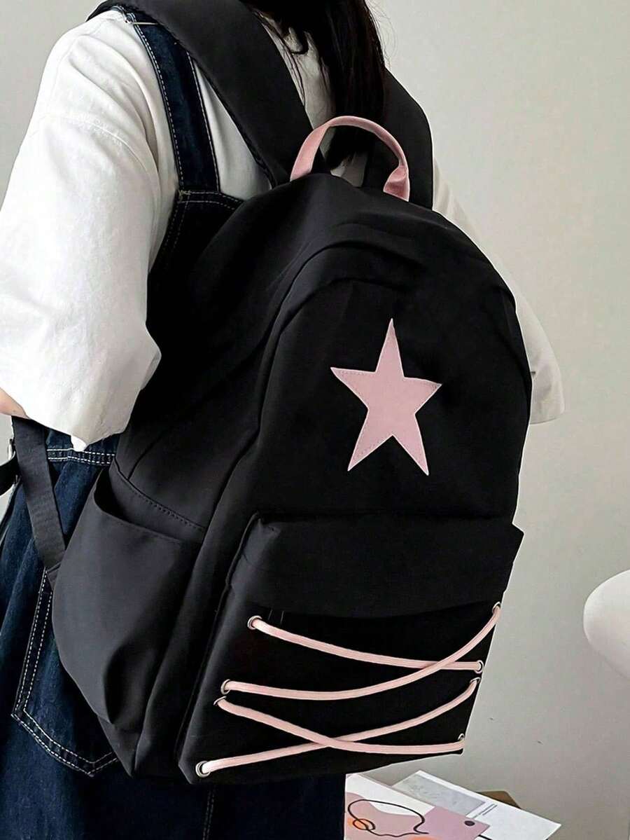 帆布双肩包，韩版学生包，多功能双肩包，星形双肩包，女士双肩包，学生双肩包，可爱多巴胺风休闲旅行包，时尚书包，休闲拉链日常包，轻便假日必备旅行度假运动健身学校中高中尼龙帆布休闲印花粉色包，星形图案 - 黑色 - 查看 1