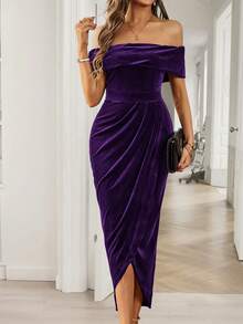 PoPoHouse Damen Off-Shoulder Samtkleid, elegantes einfarbiges Midi-Kleid mit hoher Taille und Schlitz, formelles Cocktailkleid für den Herbst - Violett - Übersicht 5