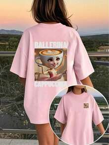 Tween Girl 休闲趣味“意大利 Brainrot Coffee Ballerina”图案印花圆领短袖 T 恤，夏季上衣 - 粉色 - 查看 7