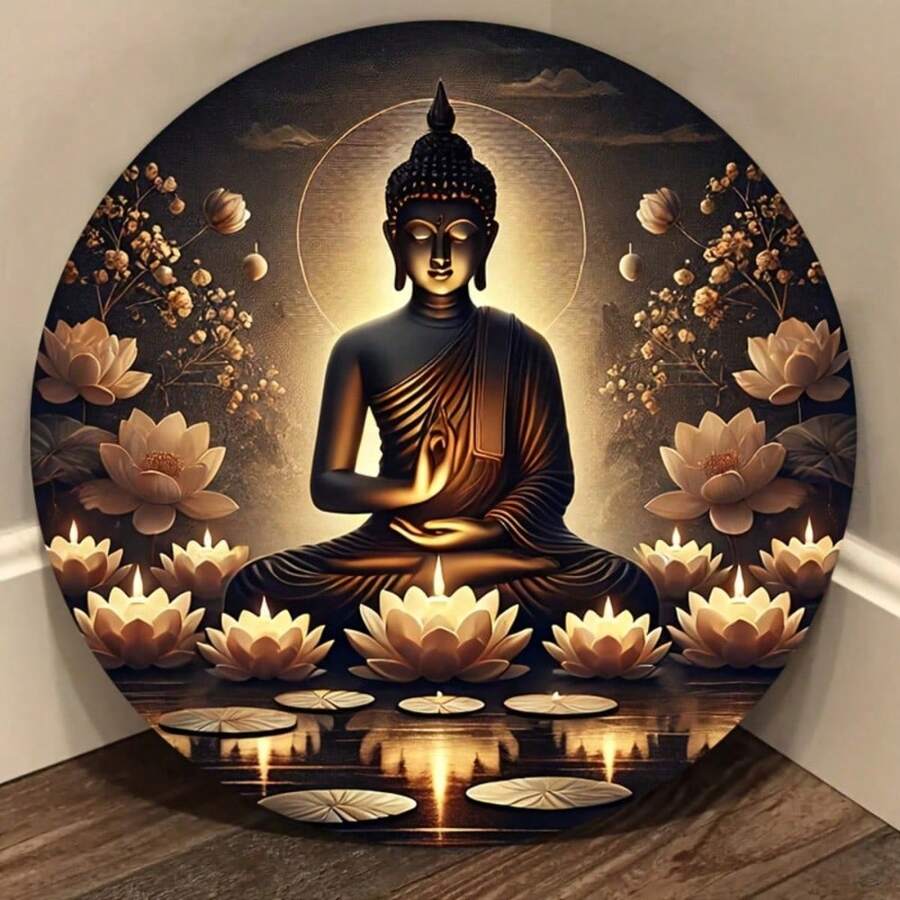 CIFbuy 1pc 20.32x20.32cm Peaceful Buddha Meditation Round Metal Sign, Glowing Lotus & Candlelight Design, Suitable For Indoor & Outdoor Decor In Living Room, Bar, Cafe,Room Decor,Halloween Decor,Home Decor,Bathroom Decor,Bedroom Decor,Kitchen Decor,Wall Decor,House Decor, Room Decoration Stuff,Living Room Decor - 彩色 - 查看 1