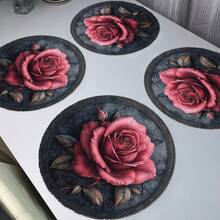 4Pcs Vintage Rose Round Placemats - 15inch Non-Slip Heat-Resistant Table Mats With Floral Design For Valentine's Day And Restaurant Decoration Black And Red Roses On Dark Blue Background Perfect For Parties And Everyday Use Party Table Accessories| Elegant Dining Table Setting| Heat-Resistant Mat - 彩色 - 查看 3